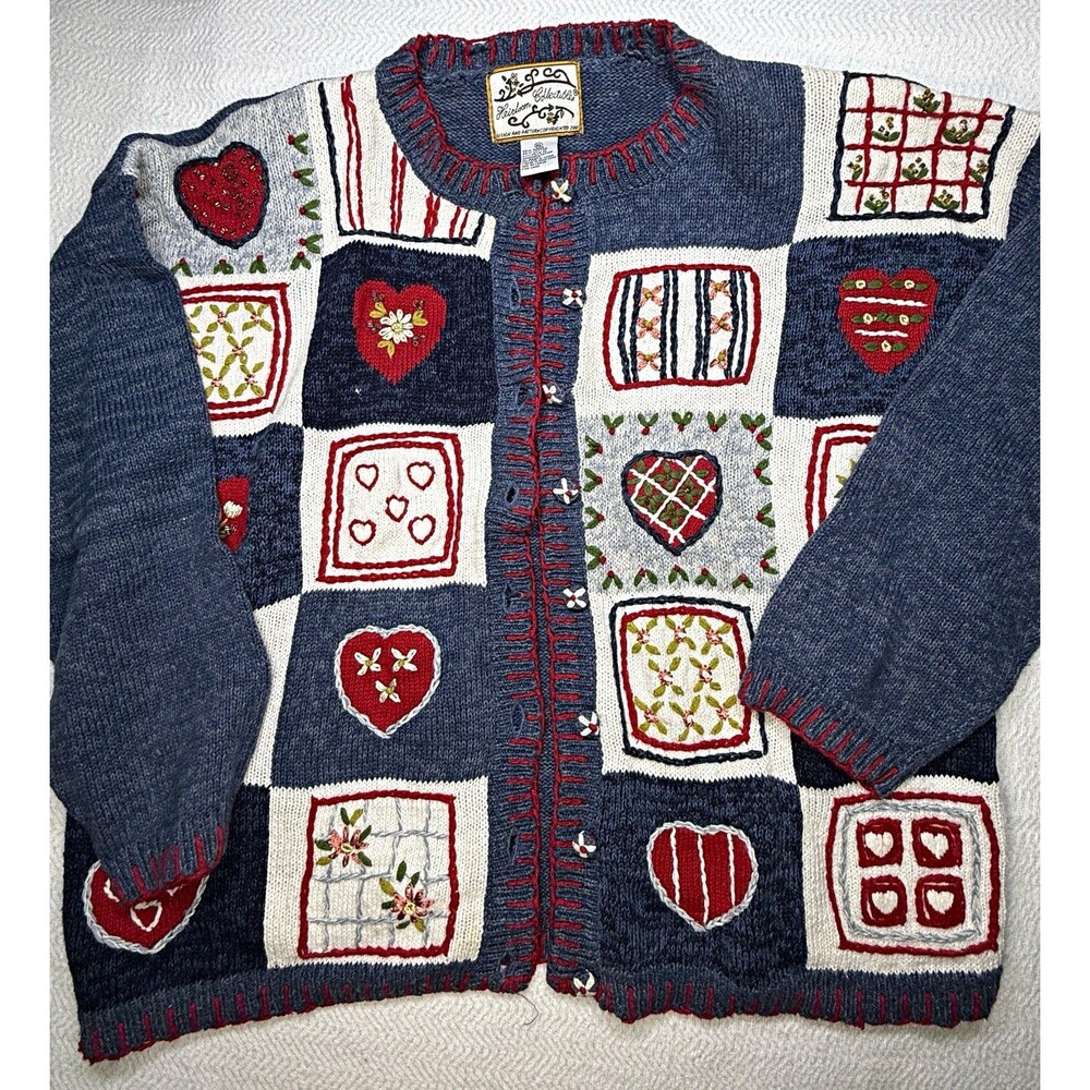 Heirloom Collectibles Round Neck Knit Cardigan Sweater Blue Patchwork Heart XL